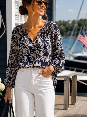 Lilly Pulitzer Navy and Cream Floral V-Neck Blouse